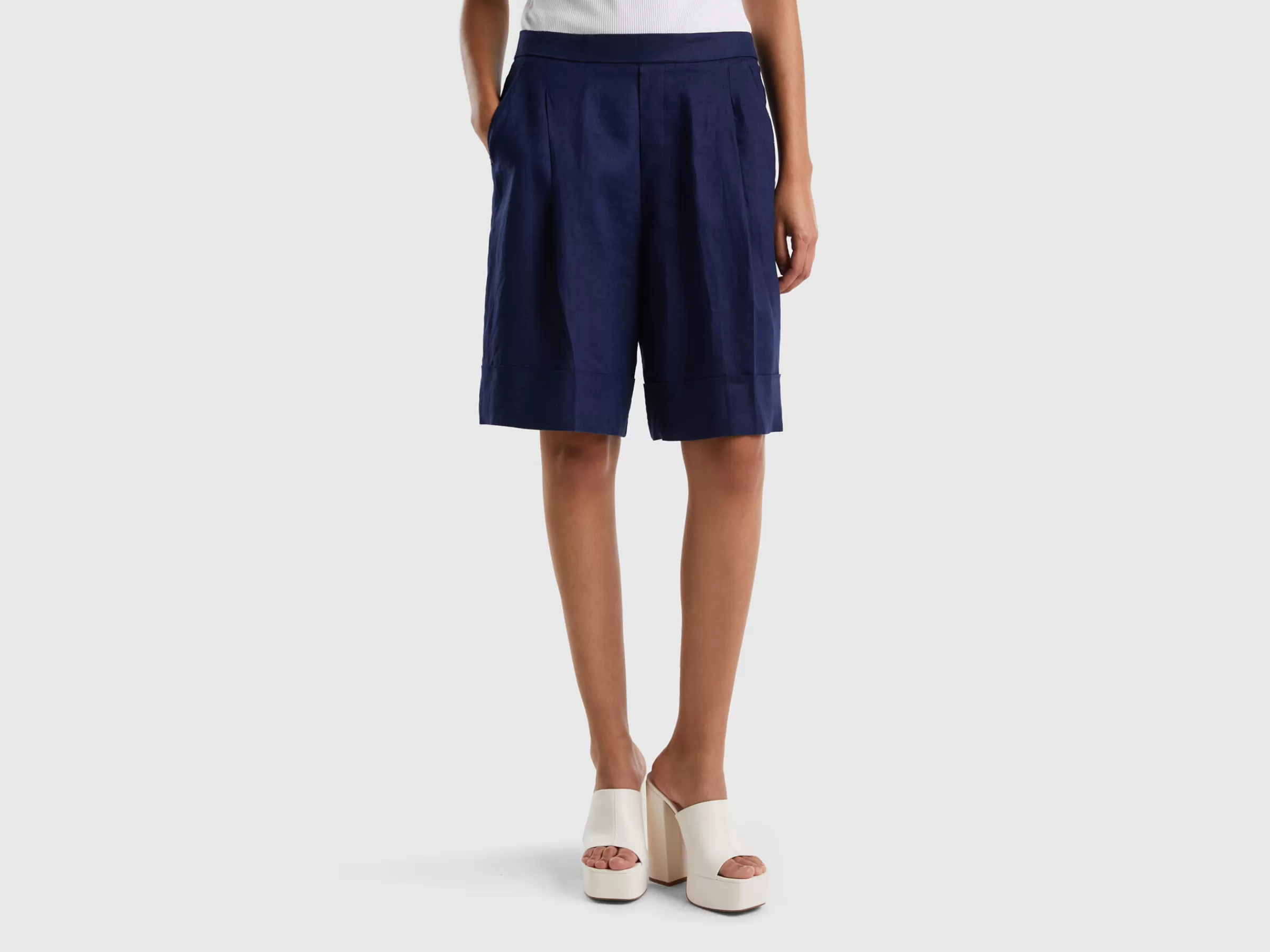 Bermudas 100% Linho Com Dobra^Benetton Outlet