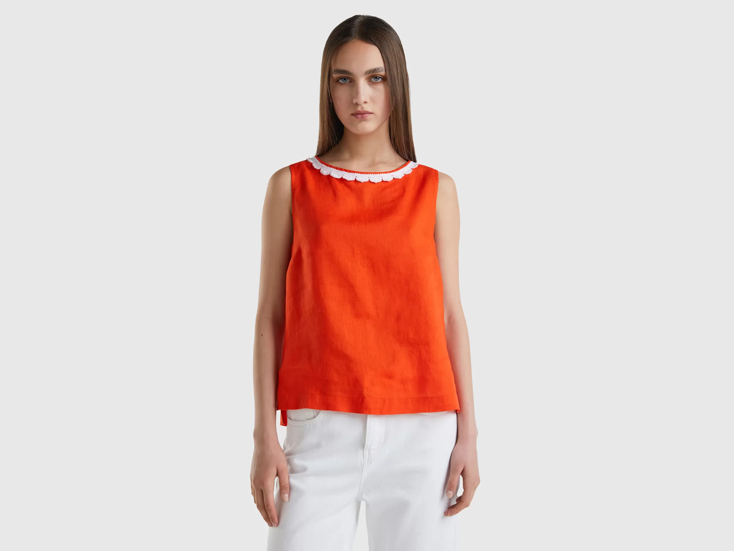 Blusa Em Puro Linho Com Detalhe Croche^Benetton Sale