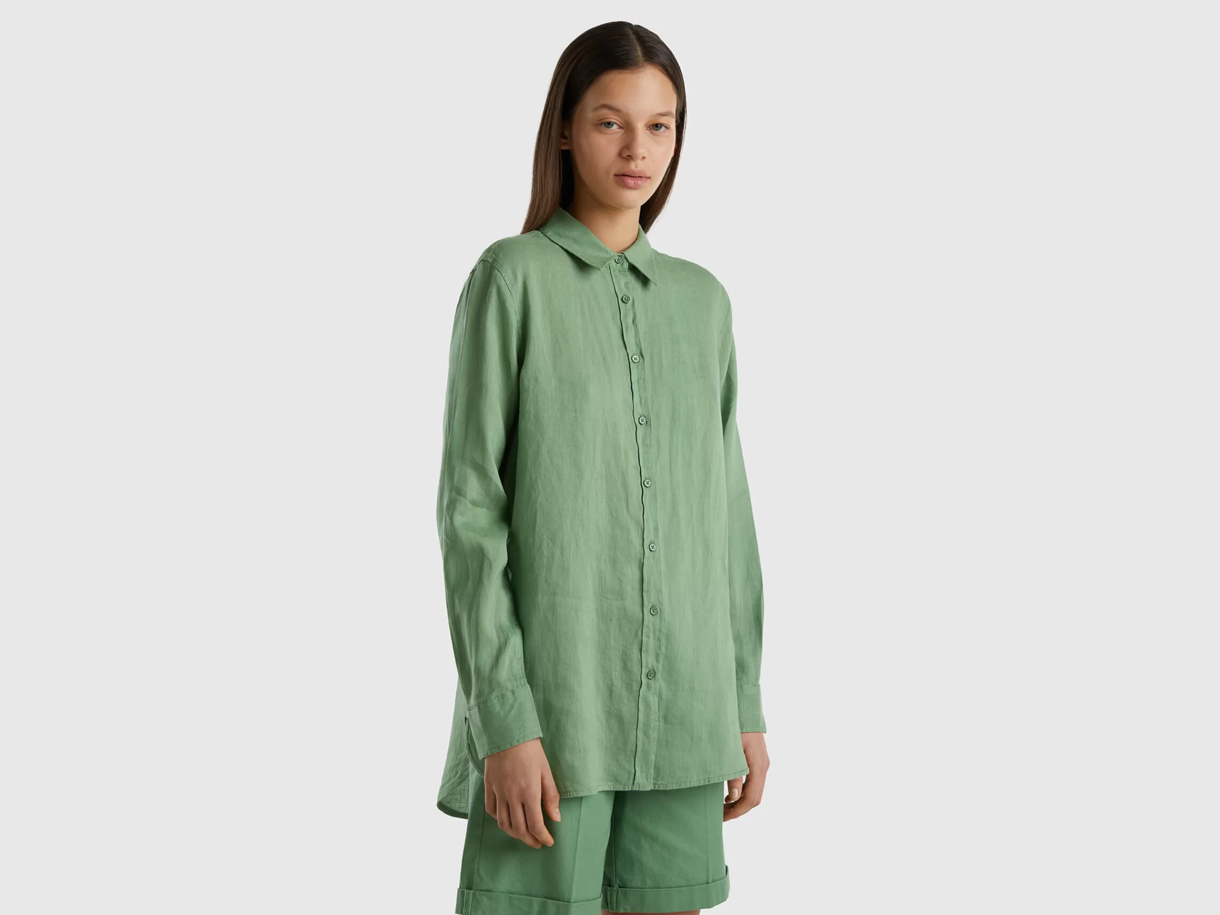 Camisa Comprida Em Linho Puro^Benetton Best Sale