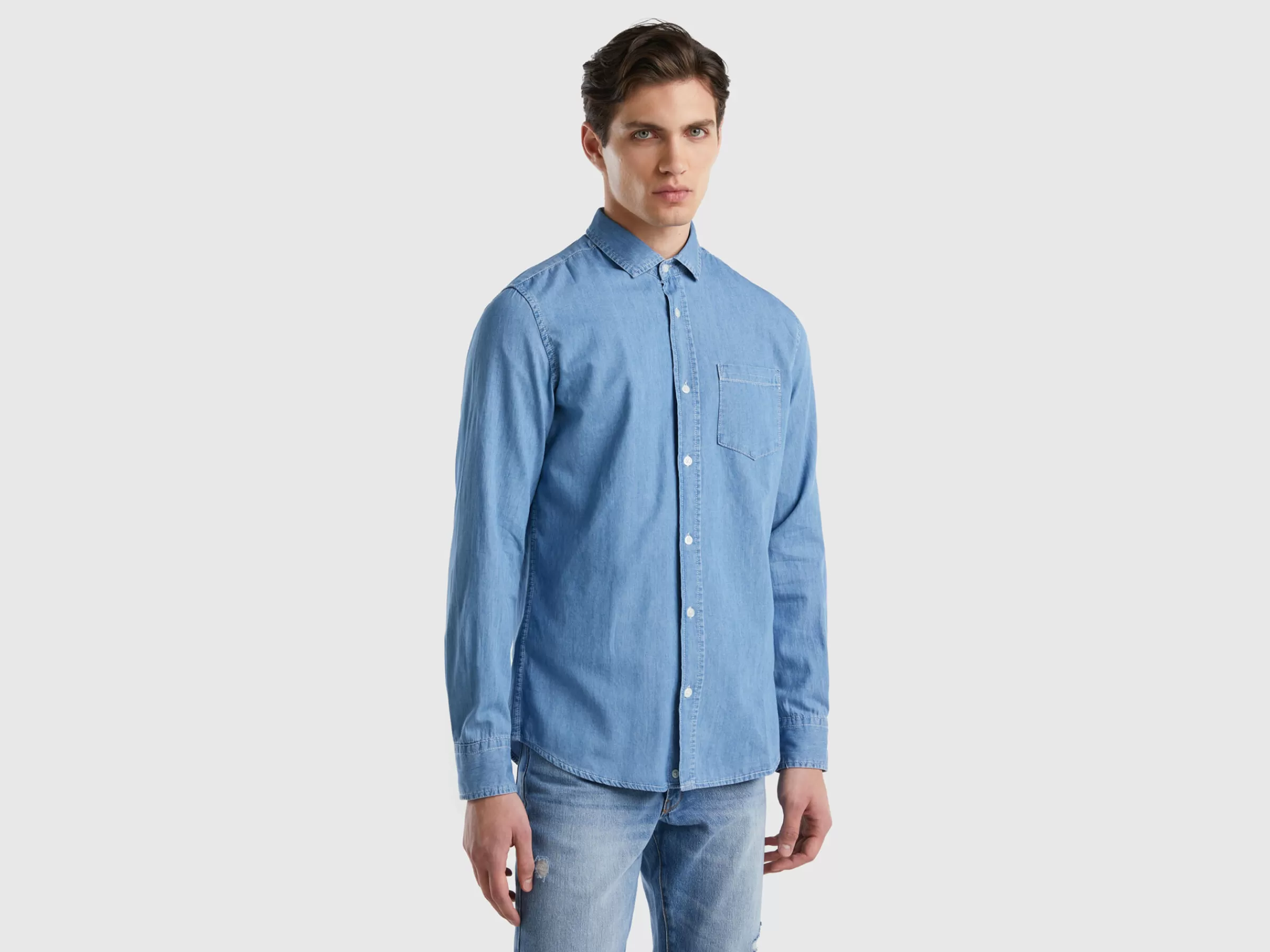 Camisa Slim Fit Em Chambray^Benetton Hot