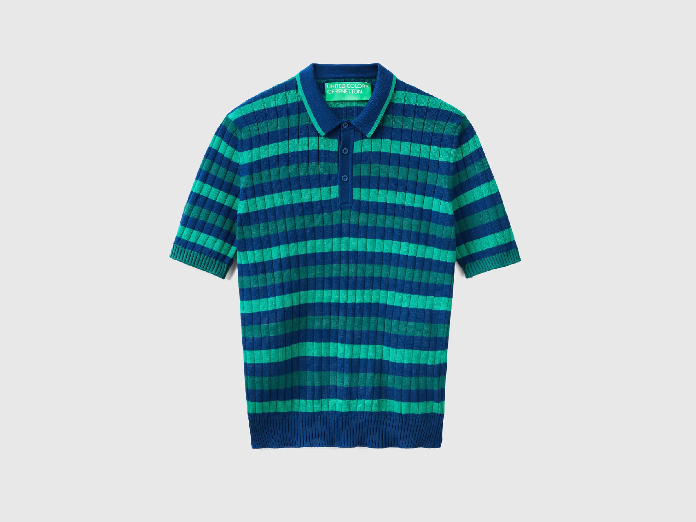 Polo De Malha As Riscas Verdes E Azul-Marinho^Benetton Flash Sale