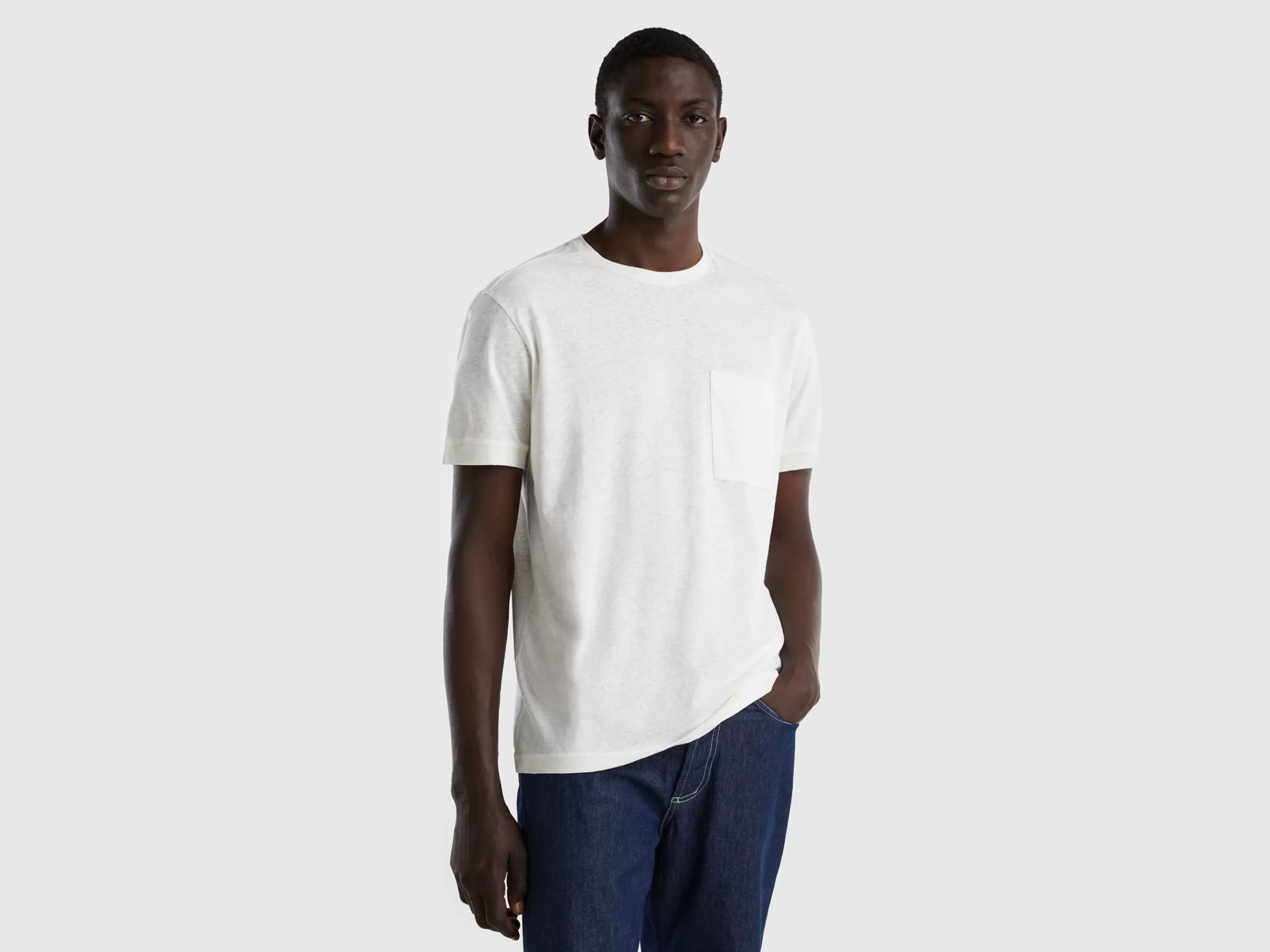 T-Shirt Em Linho Misto Com Bolso Pequeno^Benetton Cheap