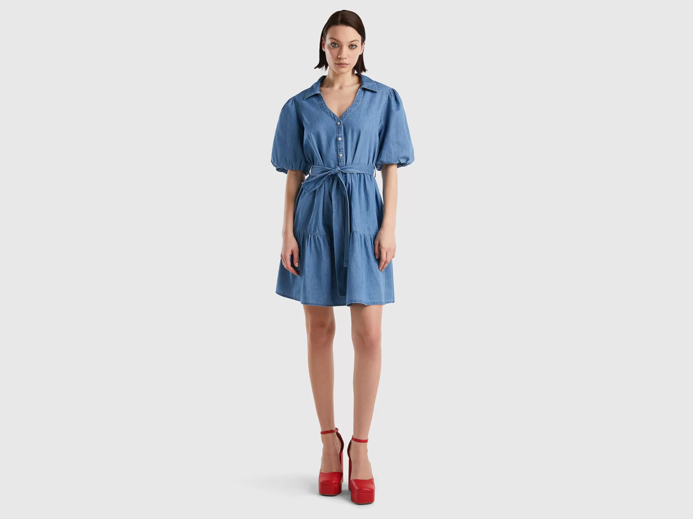 Vestido Em Chambray Com Folhos^Benetton Sale