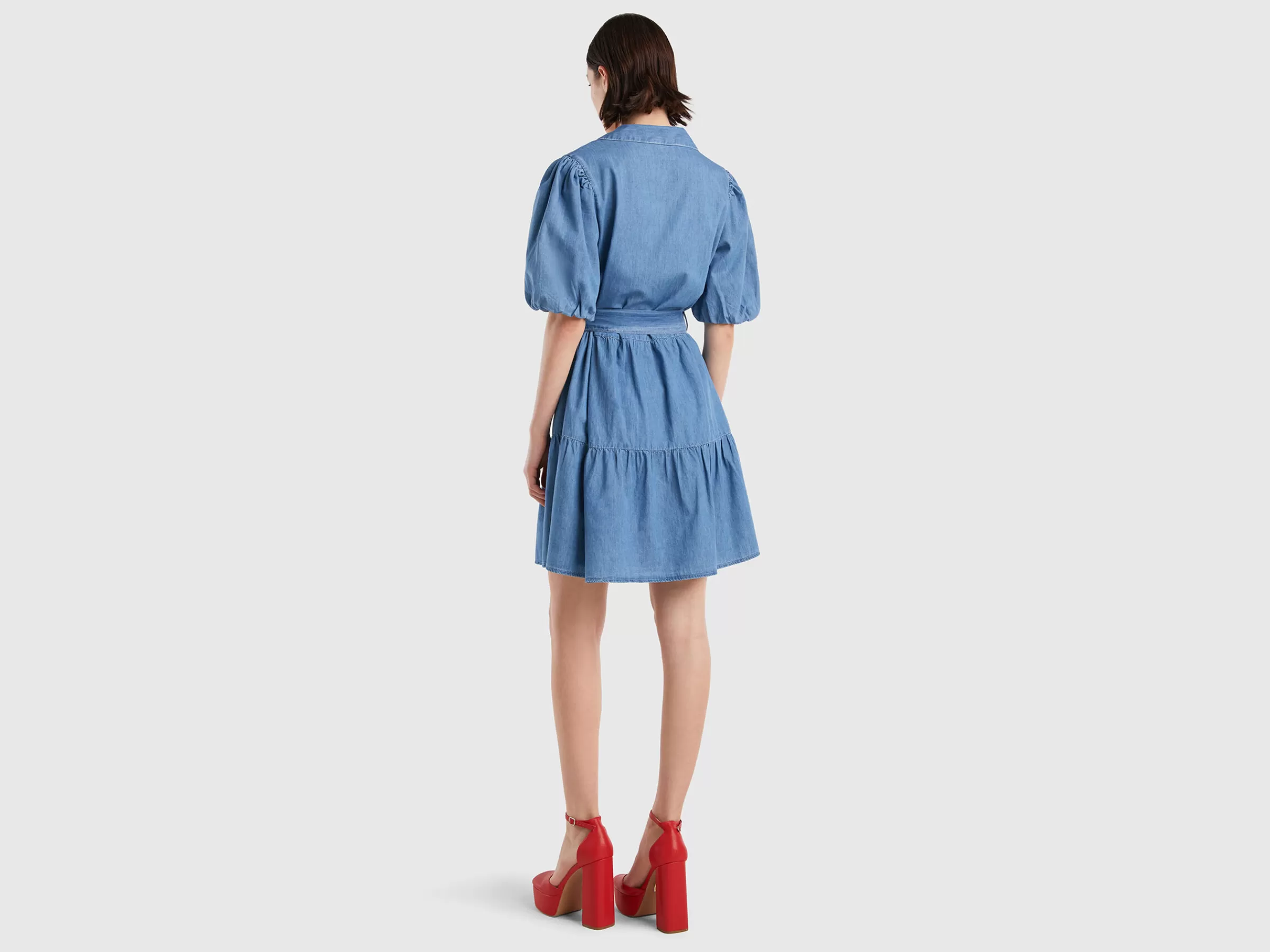 Vestido Em Chambray Com Folhos^Benetton Sale