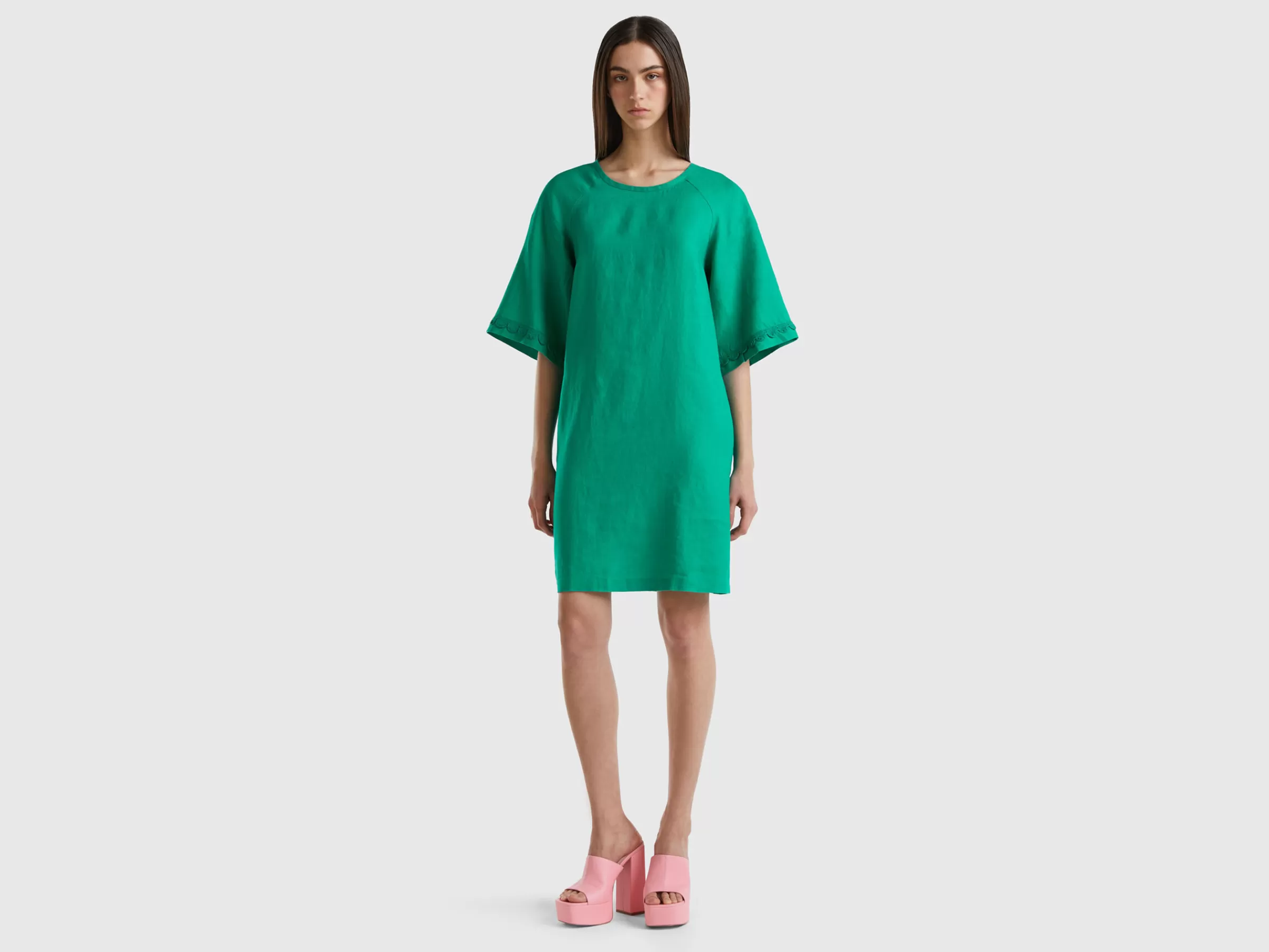 Vestido Em Puro Linho Com Detalhes Croche^Benetton Flash Sale